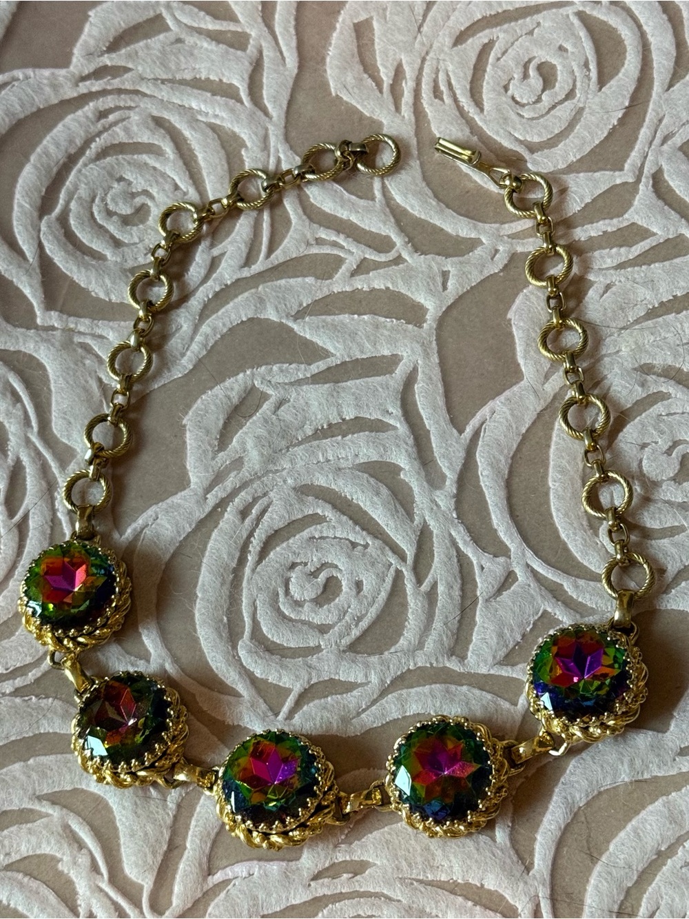 Vintage Elsa Schiaparelli Round Watermelon Crystal Necklace Goldtone